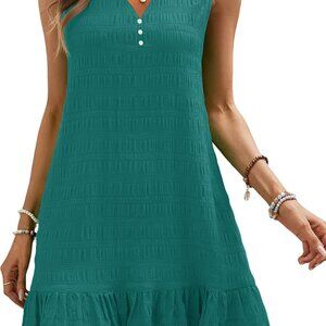 Women’s Polyester Sleeveless Tank Dress Mini V-Neck Ruffle Hem Pockets Casual